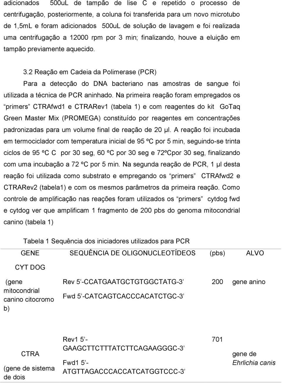 Na primeira reação foram empregados os primers CTRAfwd1 e CTRARev1 (tabela 1) e com reagentes do kit GoTaq Green Master Mix (PROMEGA) constituído por reagentes em concentrações padronizadas para um