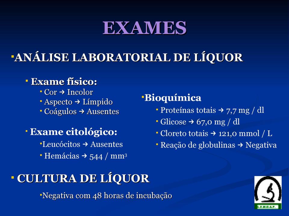 mm3 Proteínas totais 7,7 mg / dl Glicose 67,0 mg / dl Cloreto totais 121,0 mmol /