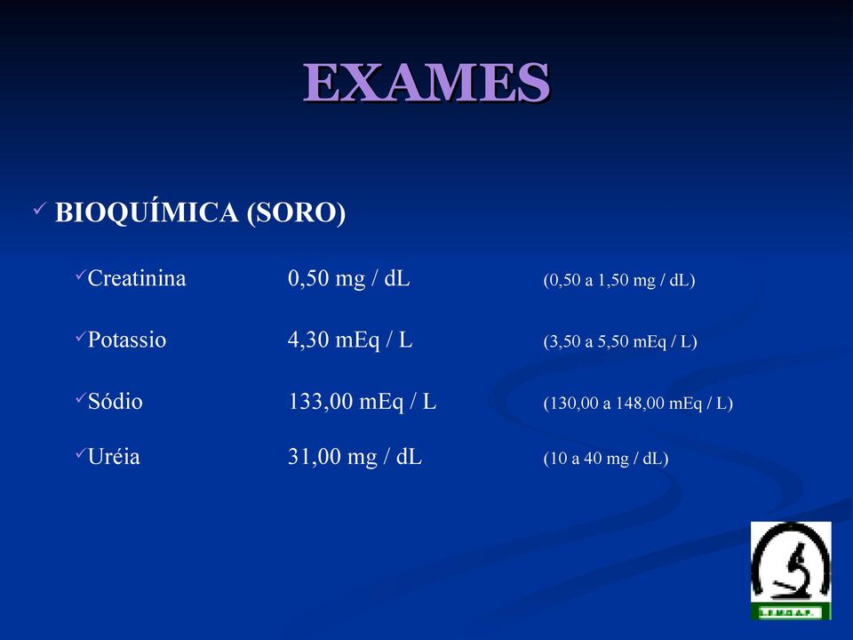 a 5,50 meq / L) Sódio 133,00 meq / L (130,00 a