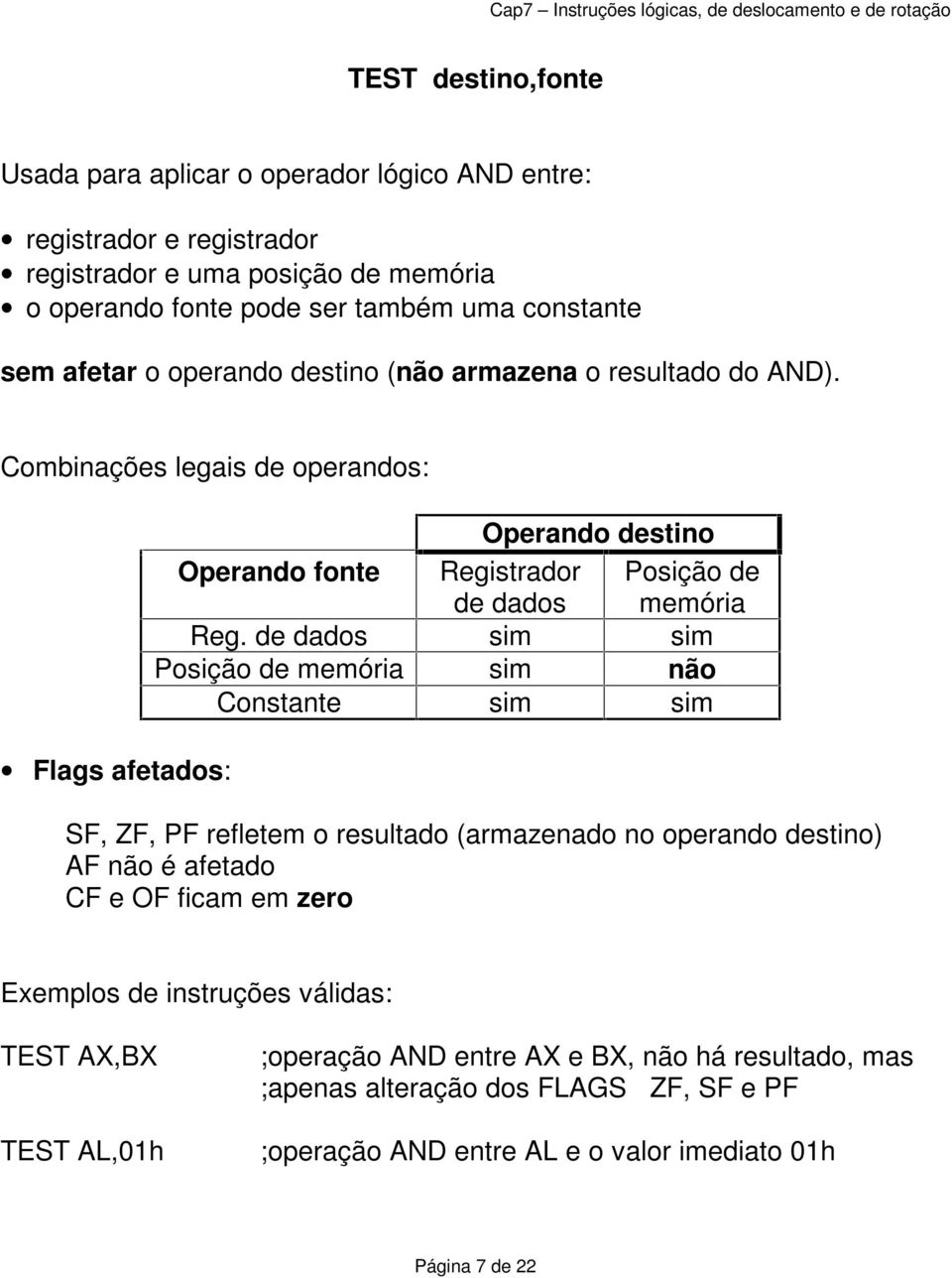 Combinações legais de operandos: Flags afetados: Operando destino Operando fonte Registrador de dados Posição de memória Reg.