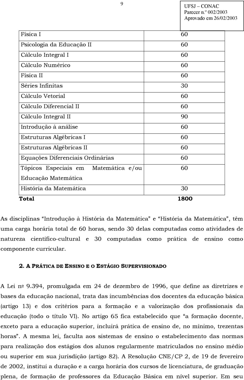 História da Matemática e História da Matemática, têm uma carga horária total de horas, sendo 30 delas computadas como atividades de natureza científico-cultural e 30 computadas como prática de ensino