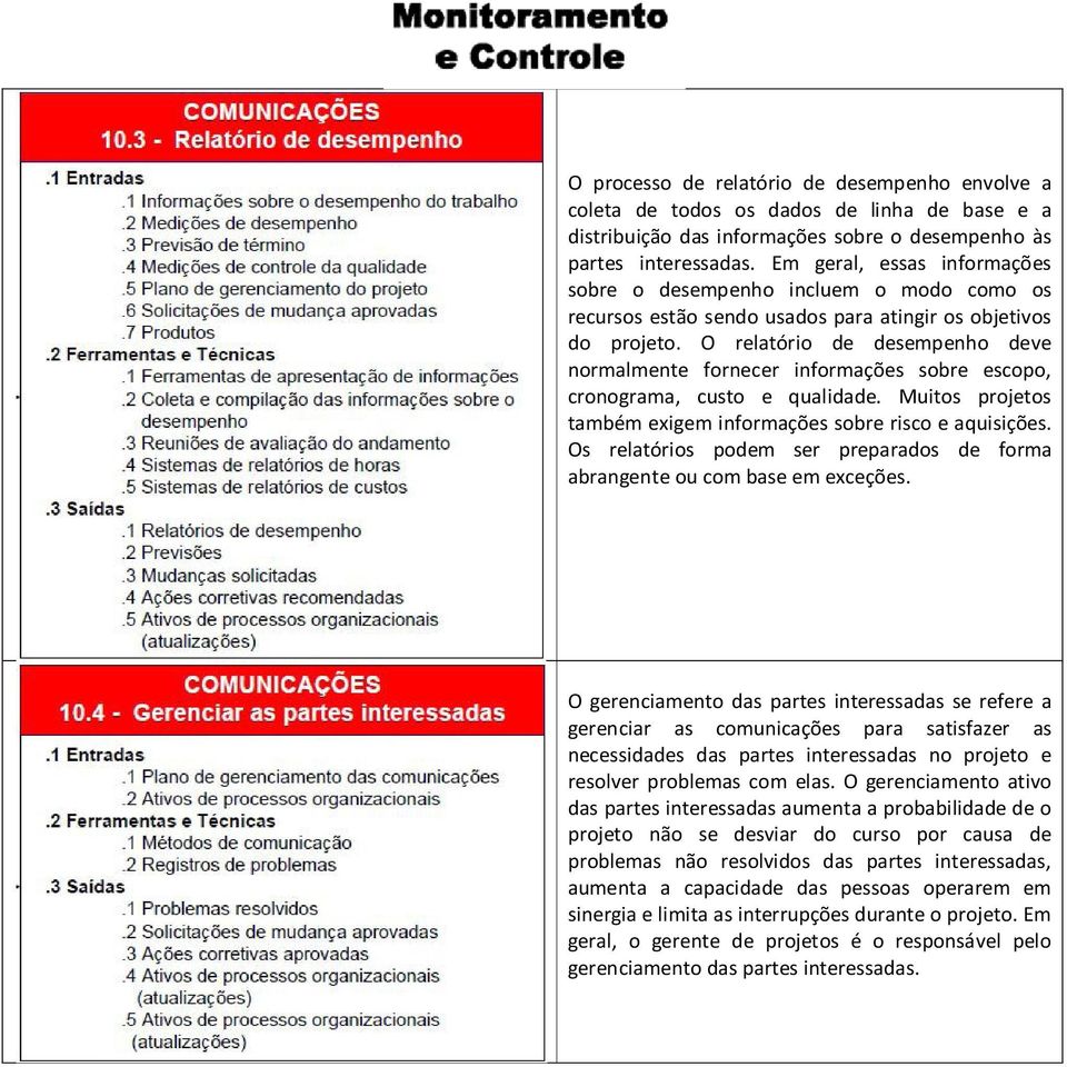 O relatório de desempenho deve normalmente fornecer informações sobre escopo, cronograma, custo e qualidade. Muitos projetos também exigem informações sobre risco e aquisições.