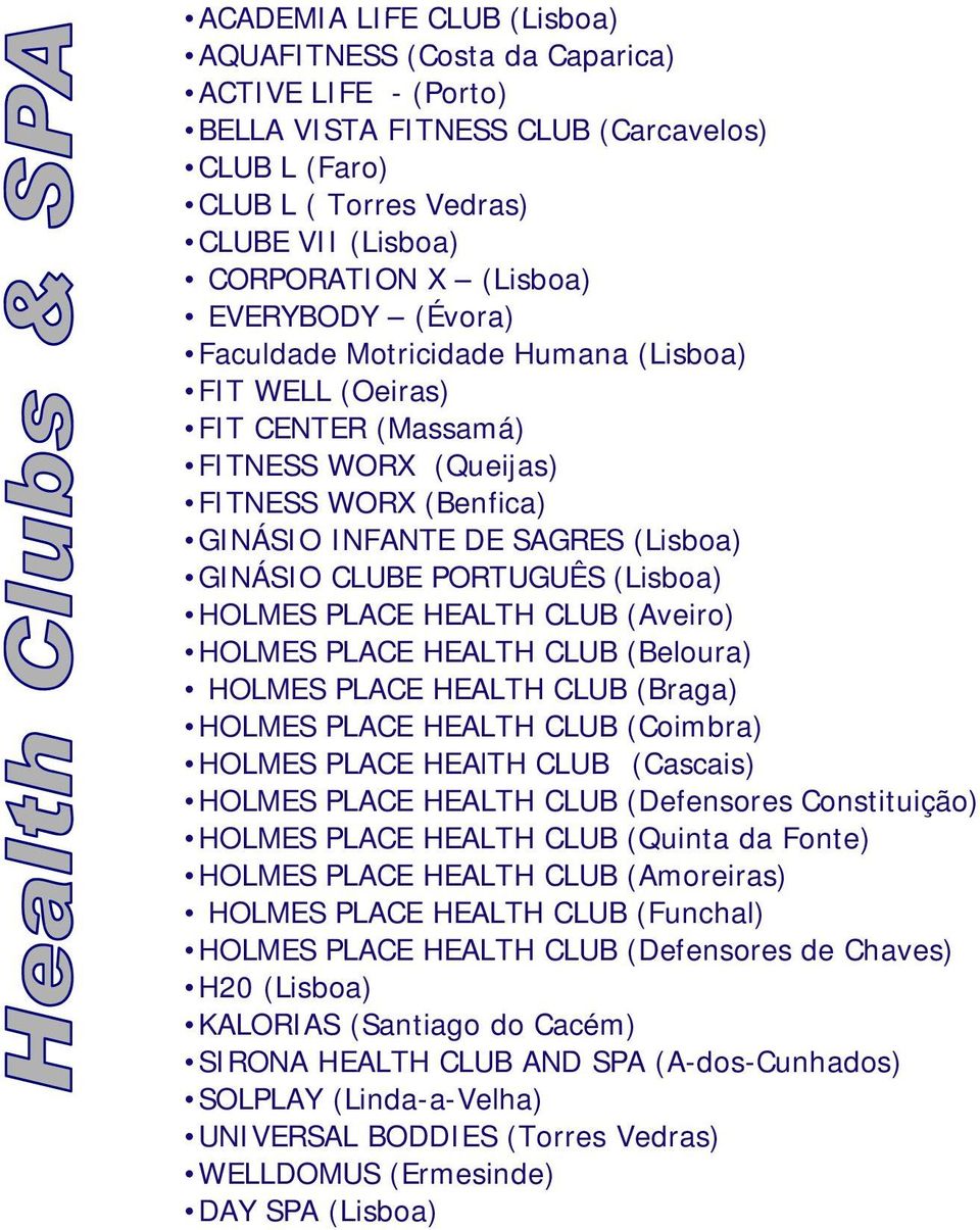 (Lisboa) HOLMES PLACE HEALTH CLUB (Aveiro) HOLMES PLACE HEALTH CLUB (Beloura) HOLMES PLACE HEALTH CLUB (Braga) HOLMES PLACE HEALTH CLUB (Coimbra) HOLMES PLACE HEAlTH CLUB (Cascais) HOLMES PLACE