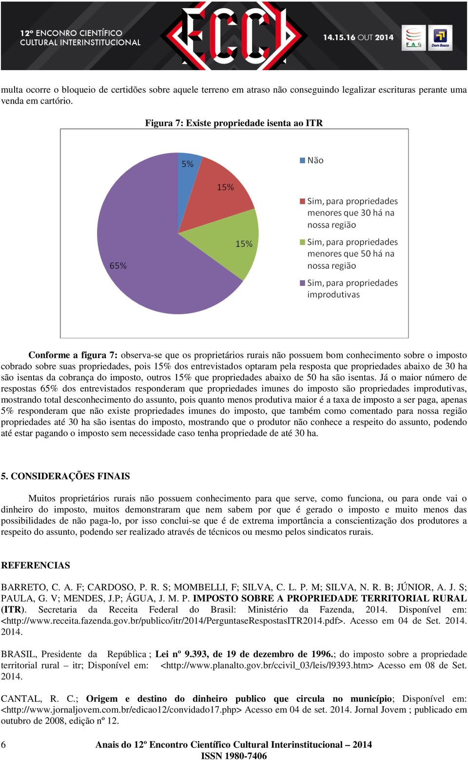 entrevistados optaram pela resposta que propriedades abaixo de 30 ha são isentas da cobrança do imposto, outros 15% que propriedades abaixo de 50 ha são isentas.