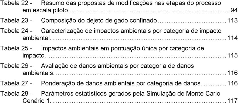 ... 114 Tabela 25 - Impactos ambientais em pontuação única por categoria de impacto.