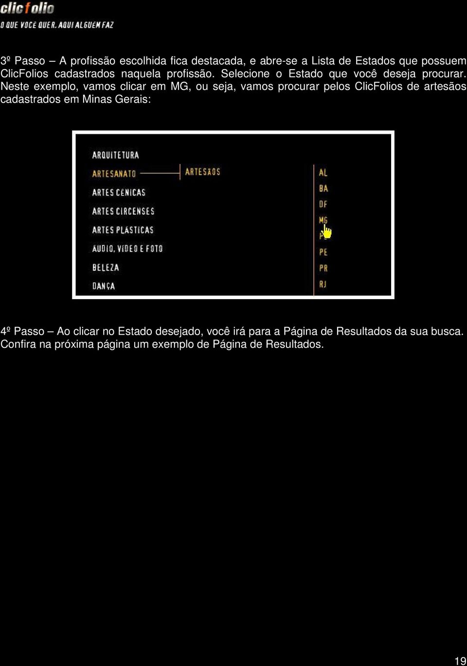 Neste exemplo, vamos clicar em MG, ou seja, vamos procurar pelos ClicFolios de artesãos cadastrados em Minas
