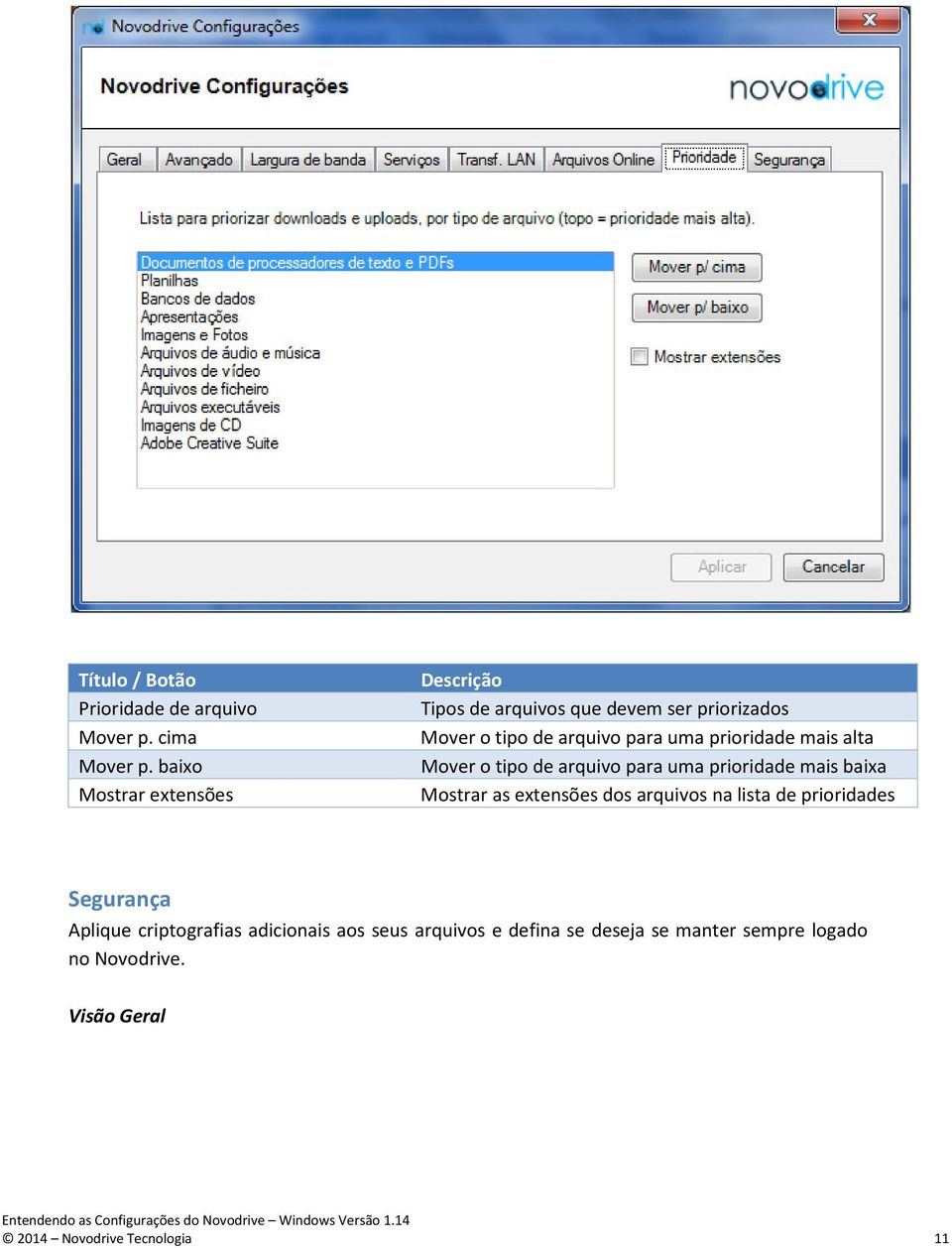 prioridade mais alta Mover o tipo de arquivo para uma prioridade mais baixa Mostrar as extensões dos arquivos