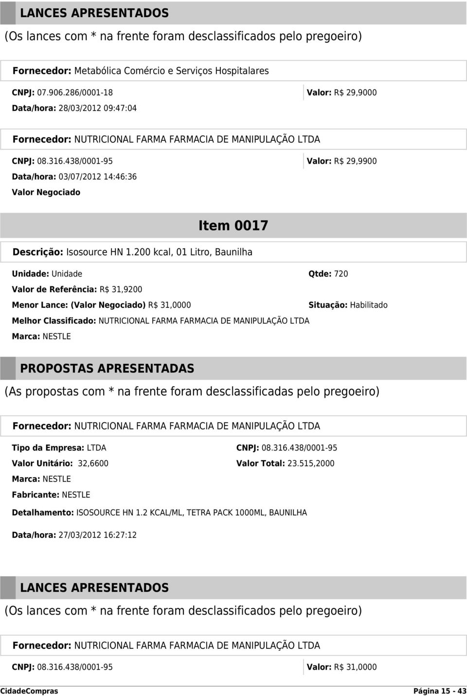 200 kcal, 01 Litro, Baunilha Unidade: Unidade Qtde: 720 Valor de Referência: R$ 31,9200 Menor Lance: (Valor Negociado) R$ 31,0000 Situação: Habilitado Melhor Classificado: NUTRICIONAL FARMA FARMACIA