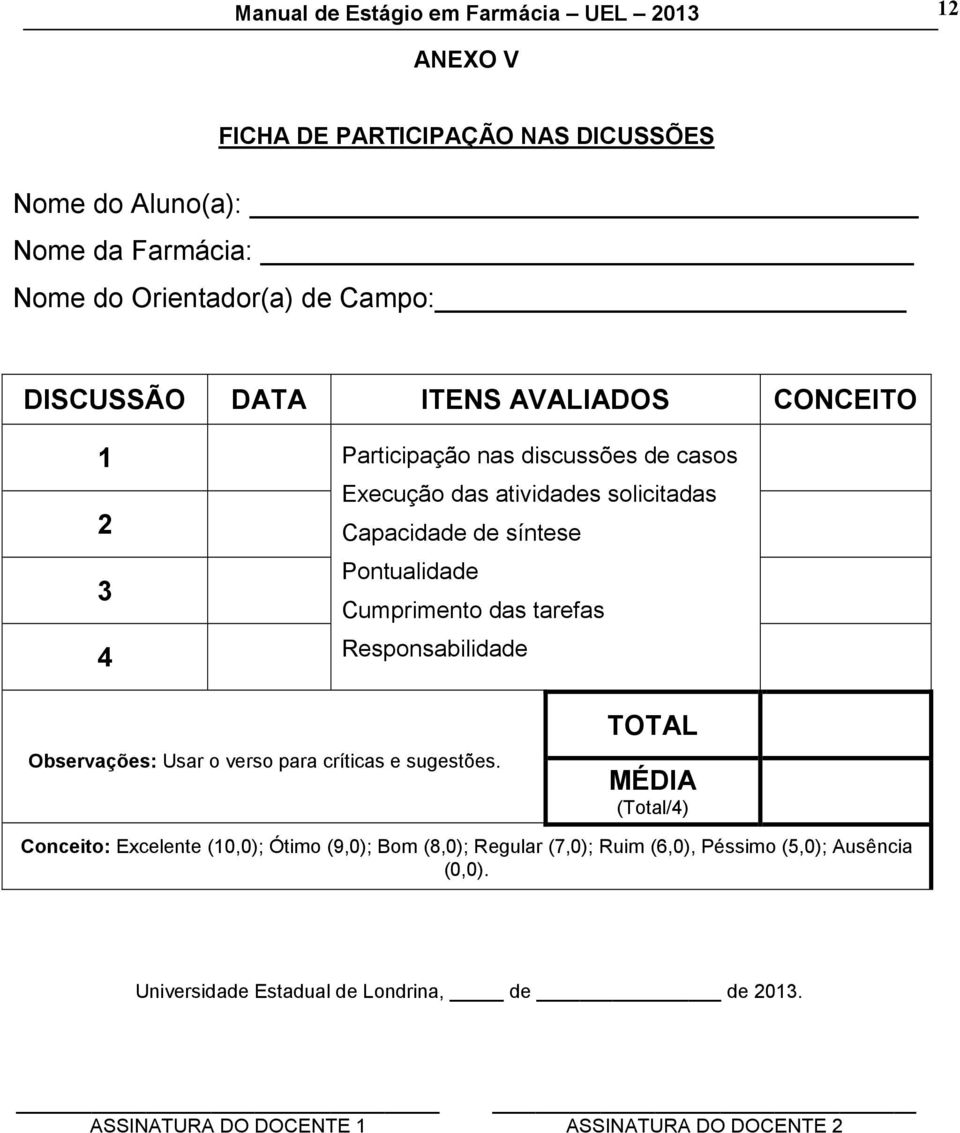 Cumprimento das tarefas Responsabilidade Observações: Usar o verso para críticas e sugestões.