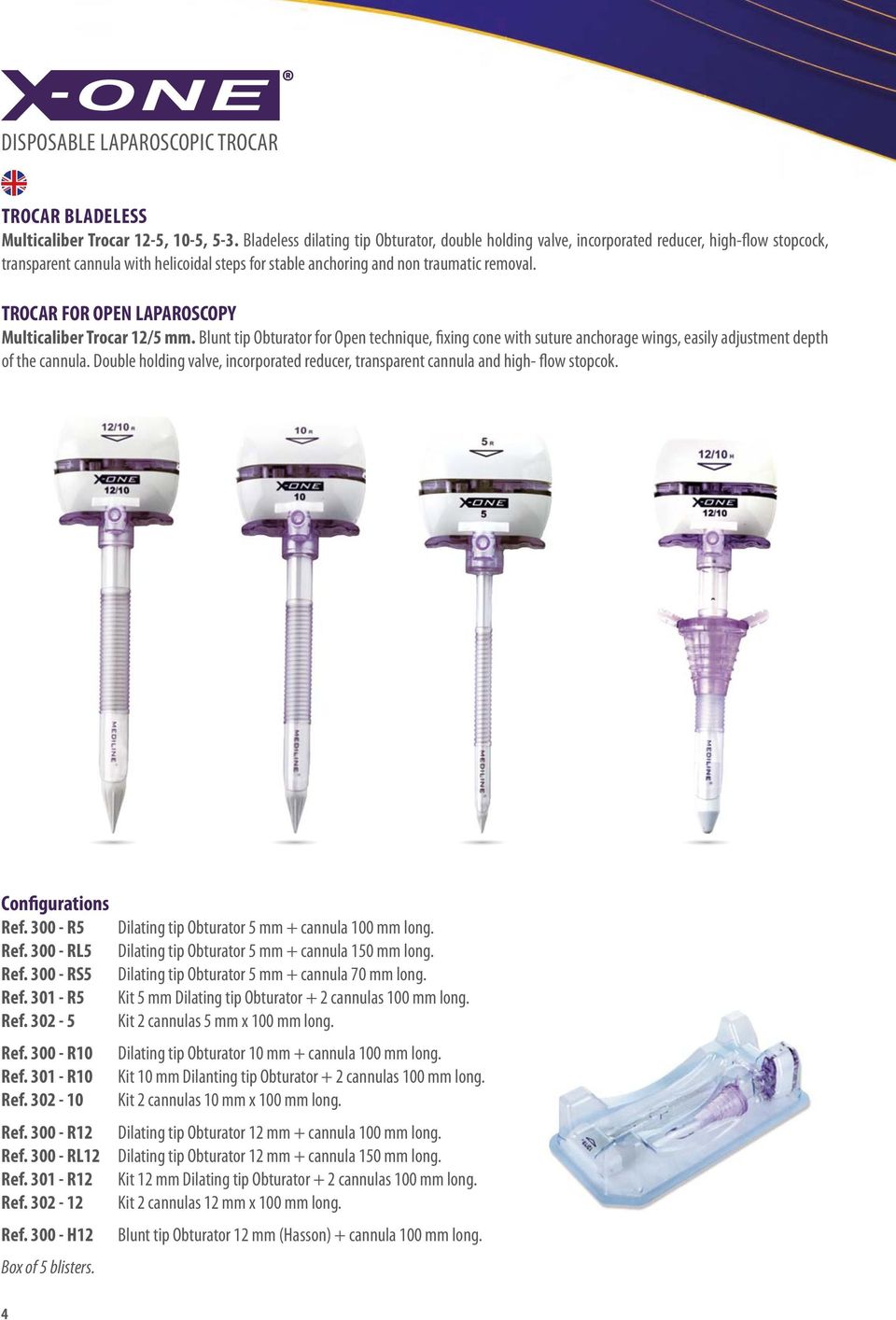 TROCAR FOR OPEN LAPAROSCOPY Multicaliber Trocar 12/5 mm. Blunt tip Obturator for Open technique, fixing cone with suture anchorage wings, easily adjustment depth of the cannula.