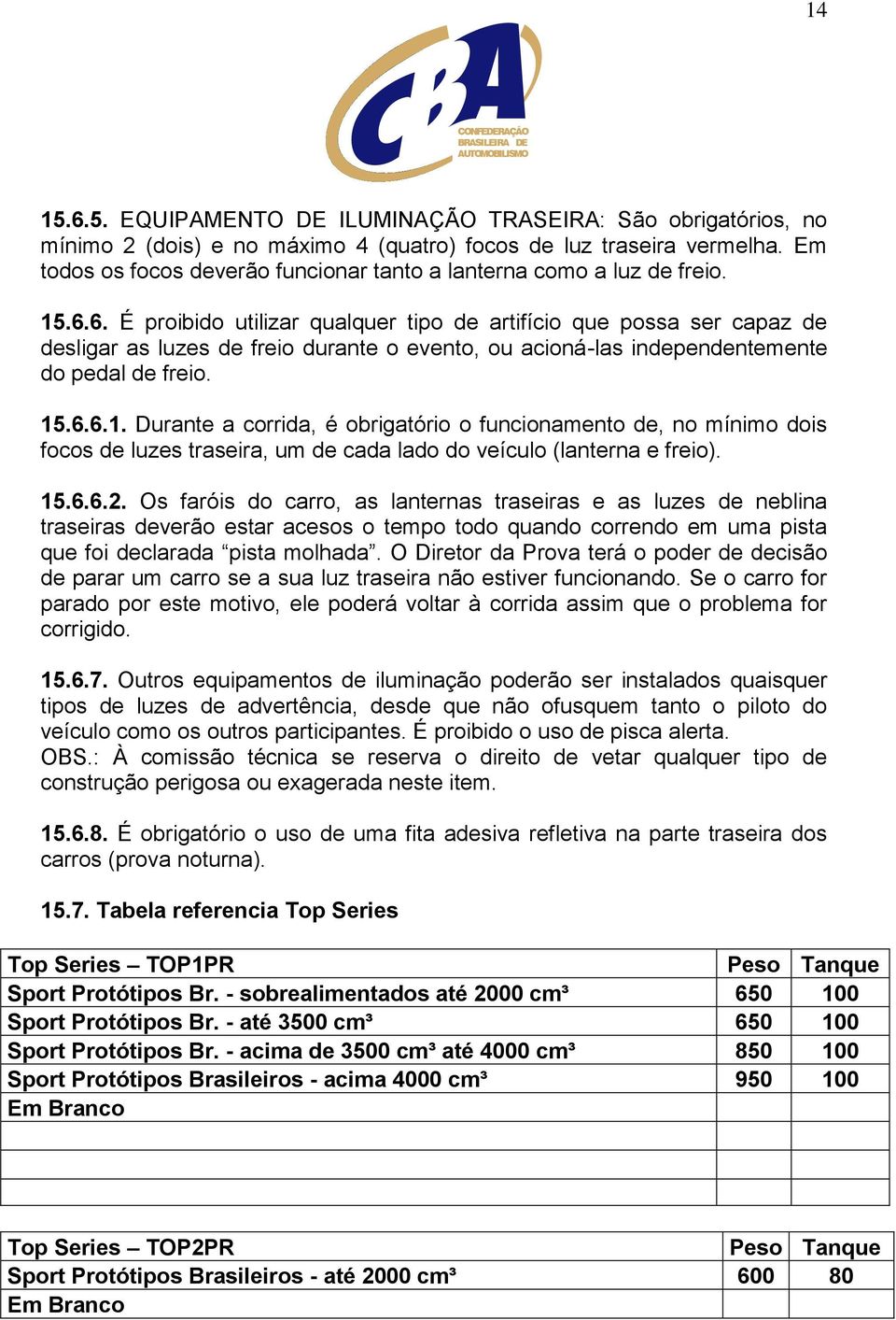 6. É proibido utilizar qualquer tipo de artifício que possa ser capaz de desligar as luzes de freio durante o evento, ou acioná-las independentemente do pedal de freio. 15