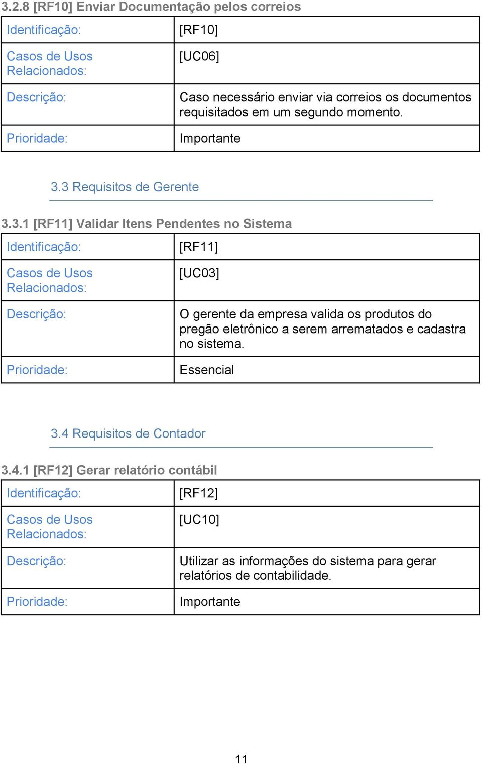 3 Requisitos de Gerente 3.3.1 [RF11] Validar Itens Pendentes no Sistema [RF11] [UC03] O gerente da empresa valida os produtos do