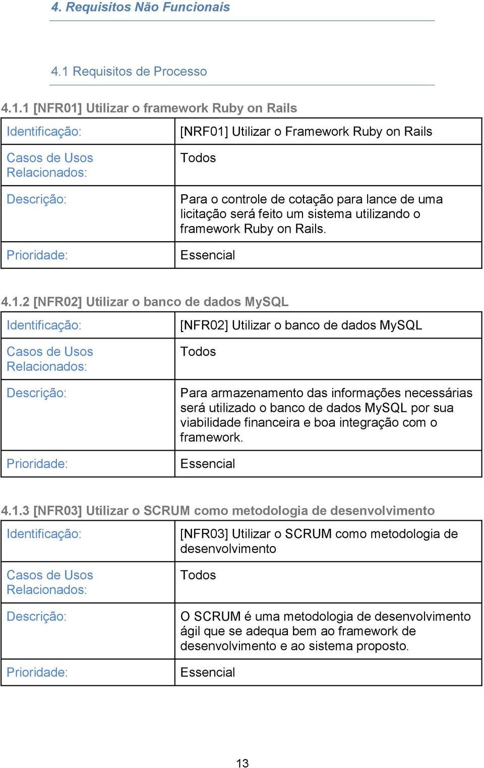 1 [NFR01] Utilizar o framework Ruby on Rails [NRF01] Utilizar o Framework Ruby on Rails Todos Para o controle de cotação para lance de uma licitação será feito um sistema utilizando o