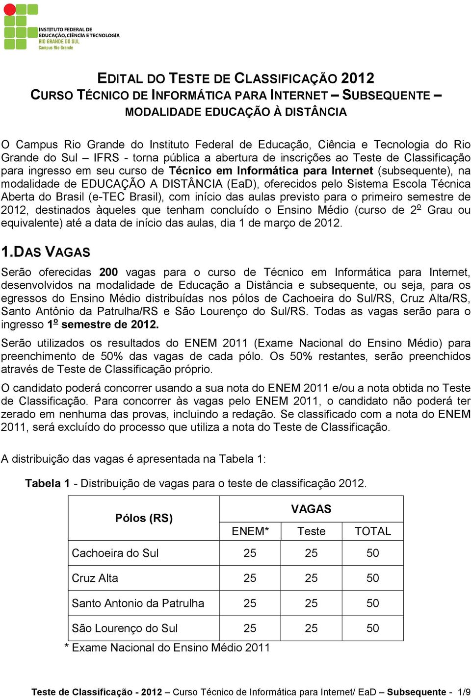 EDUCAÇÃO A DISTÂNCIA (EaD), oferecidos pelo Sistema Escola Técnica Aberta do Brasil (e-tec Brasil), com início das aulas previsto para o primeiro semestre de 2012, destinados àqueles que tenham