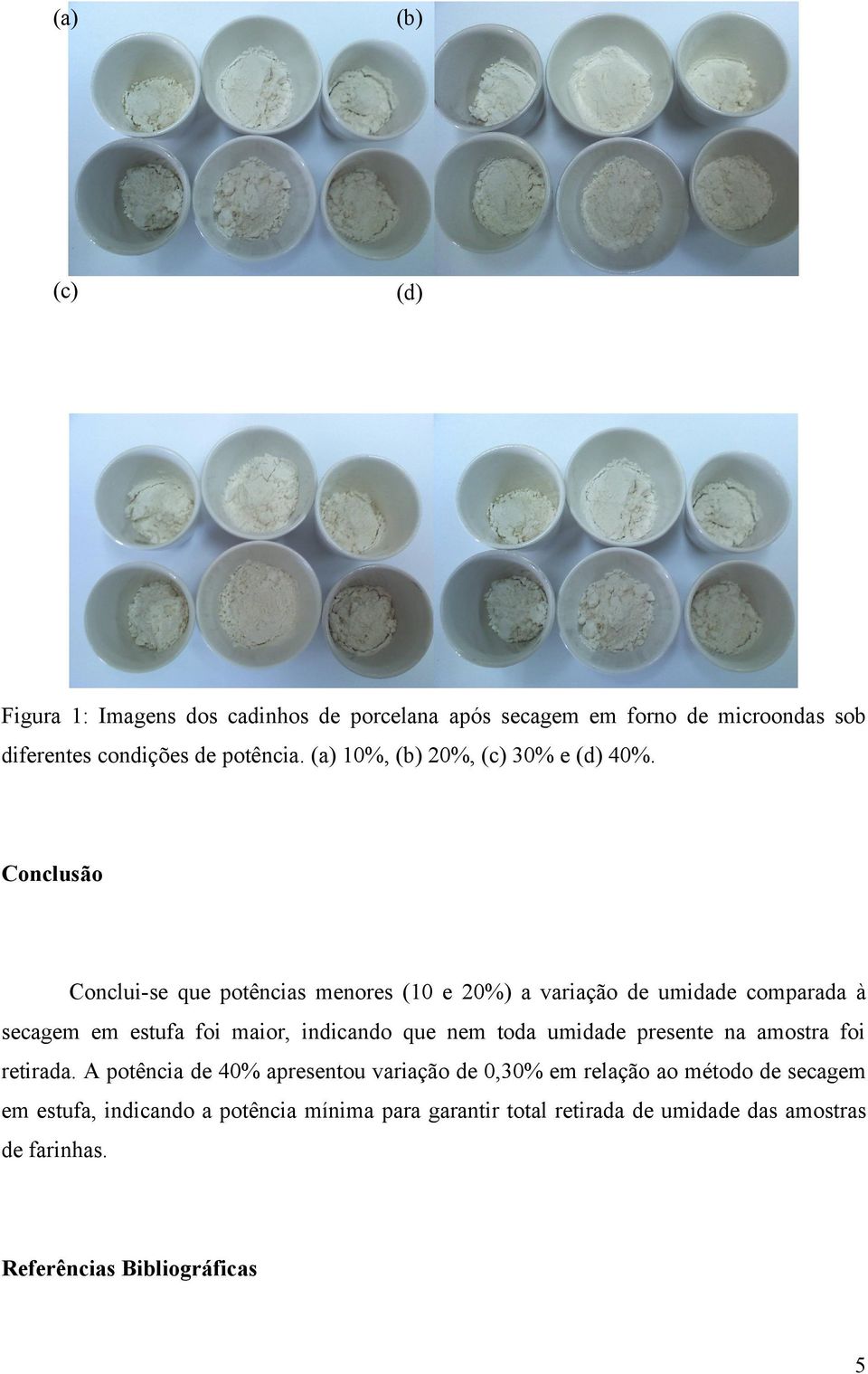 Conclusão Conclui-se que potências menores (10 e 20%) a variação de umidade comparada à secagem em estufa foi maior, indicando que nem toda