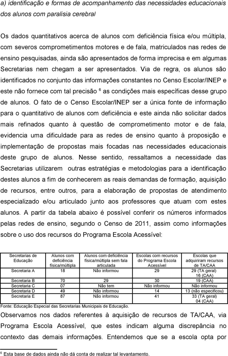 Via de regra, os alunos são identificados no conjunto das informações constantes no Censo Escolar/INEP e este não fornece com tal precisão 6 as condições mais específicas desse grupo de alunos.