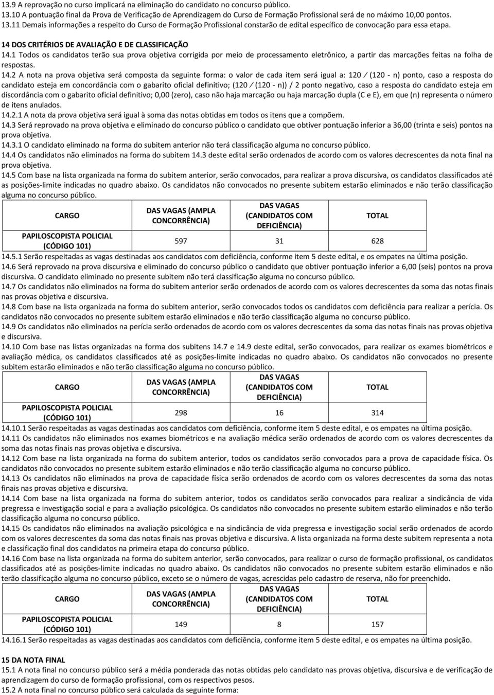 11 Demais informações a respeito do Curso de Formação Profissional constarão de edital específico de convocação para essa etapa. 14 DOS CRITÉRIOS DE AVALIAÇÃO E DE CLASSIFICAÇÃO 14.