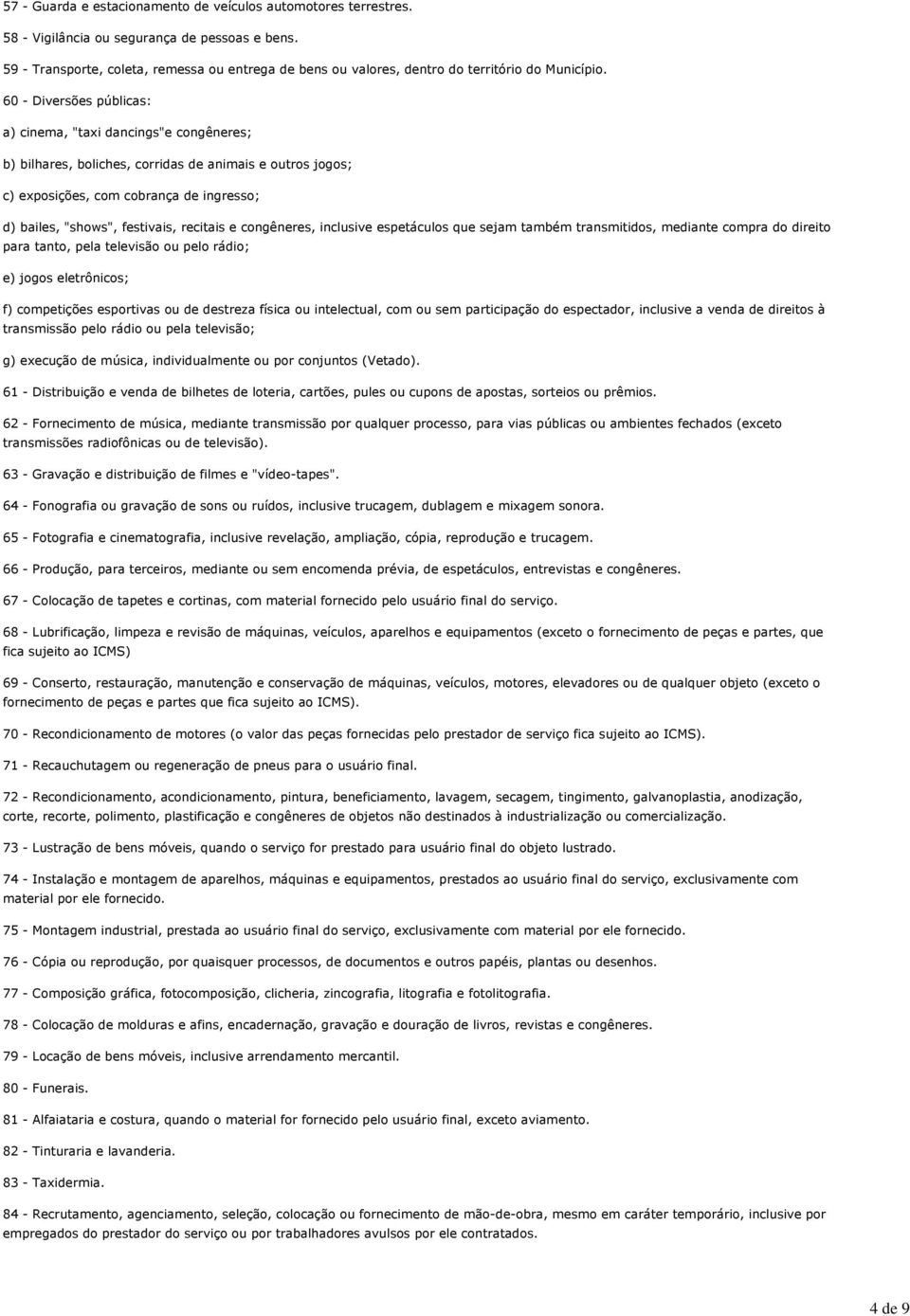 60 - Diversões públicas: a) cinema, "taxi dancings"e congêneres; b) bilhares, boliches, corridas de animais e outros jogos; c) exposições, com cobrança de ingresso; d) bailes, "shows", festivais,