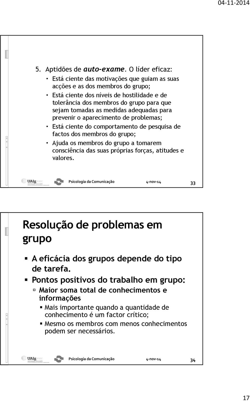 tomadas as medidas adequadas para prevenir o aparecimento de problemas; Está ciente do comportamento de pesquisa de factos dos membros do grupo; Ajuda os membros do grupo a tomarem