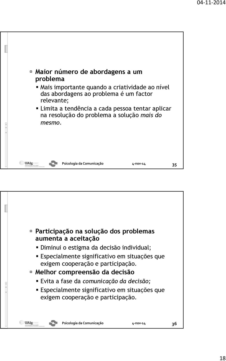 35 Participação na solução dos problemas aumenta a aceitação Diminui o estigma da decisão individual; Especialmente significativo em situações