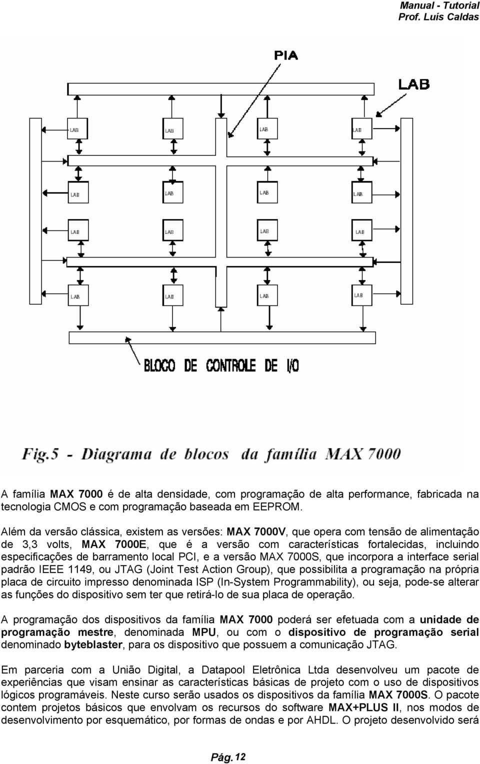 barramento local PCI, e a versão MAX 7000S, que incorpora a interface serial padrão IEEE 1149, ou JTAG (Joint Test Action Group), que possibilita a programação na própria placa de circuito impresso