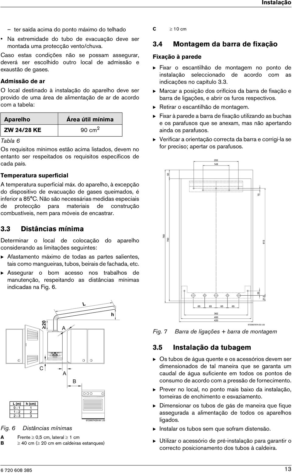 Admssão de ar O local destnado à nstalação do aparelho deve ser provdo de uma área de almentação de ar de acordo com a tabela: Aparelho Área útl mínma ZW 24/28 KE 90 cm 2 Tabla 6 Os requstos mínmos