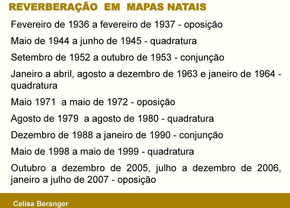 Maio 1971 a maio de 1972 - oposição Agosto de 1979 a agosto de 1980 - quadratura Dezembro de 1988 a janeiro de 1990 -