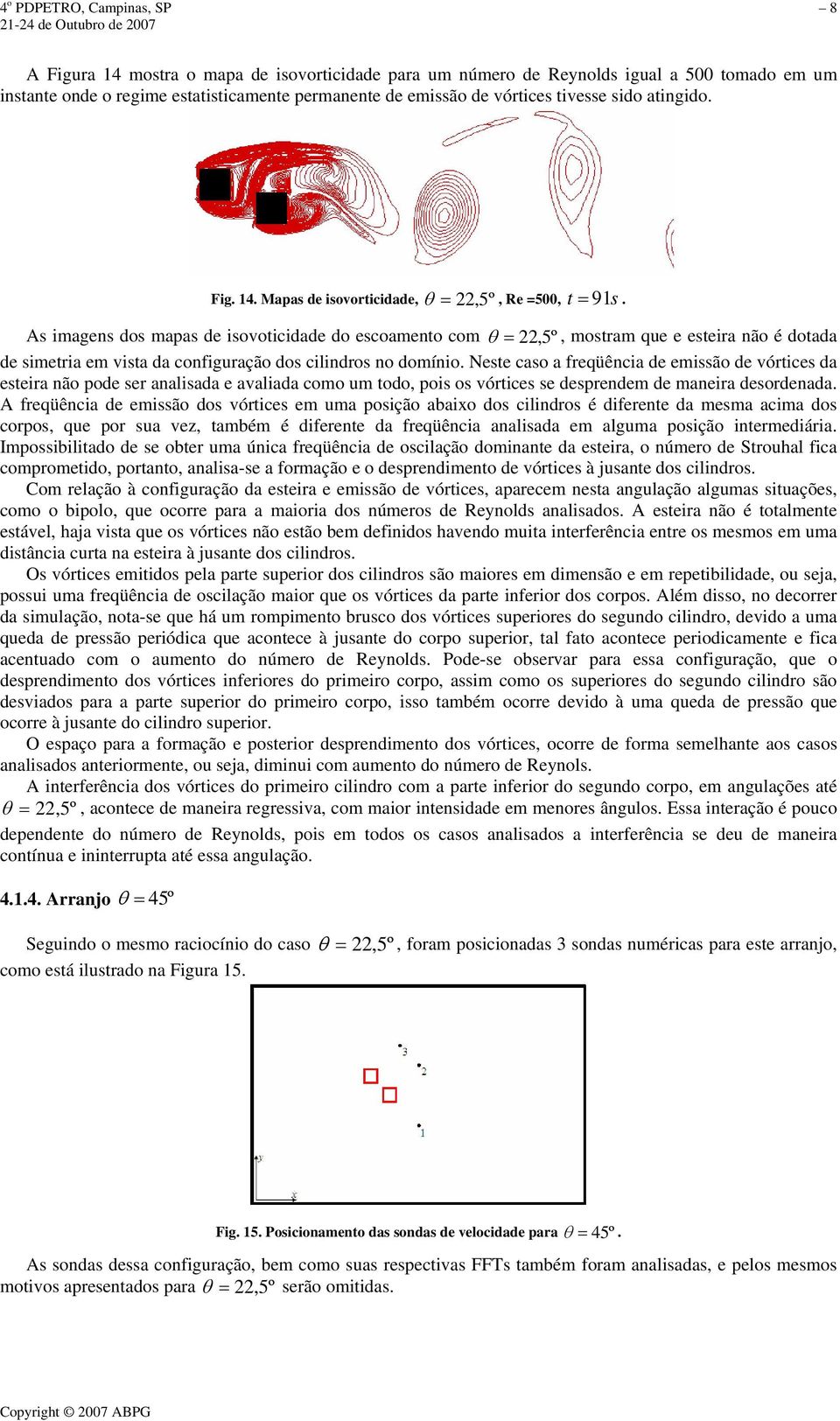 As imagens dos mapas de isovoticidade do escoamento com θ = 22,5º, mostram que e esteira não é dotada de simetria em vista da configuração dos cilindros no domínio.