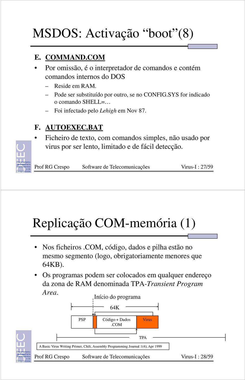 Prof RG Crespo Software de Telecomunicações Virus-I : 27/59 Replicação COM-memória (1) Nos ficheiros.com, código, dados e pilha estão no mesmo segmento (logo, obrigatoriamente menores que 64KB).