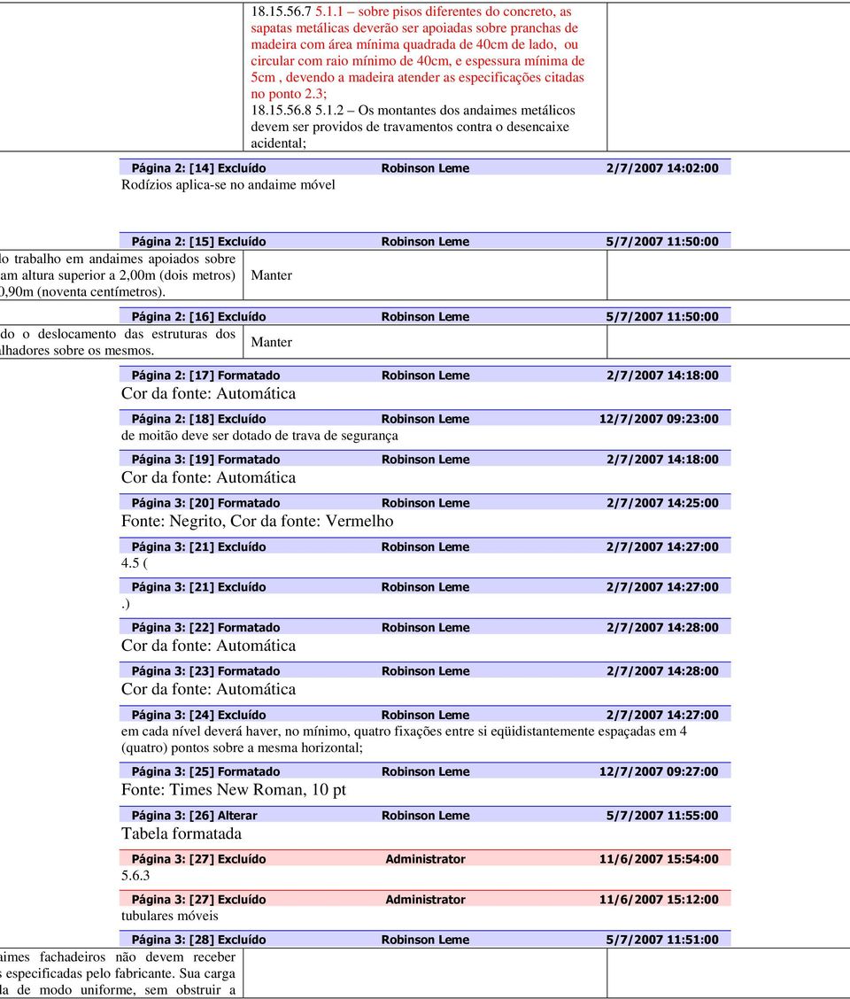 .15.56.8 5.1.2 Os montantes dos andaimes metálicos devem ser providos de travamentos contra o desencaixe acidental; Página 2: [14] Excluído Robinson Leme 2/7/2007 14:02:00 Rodízios aplica-se no