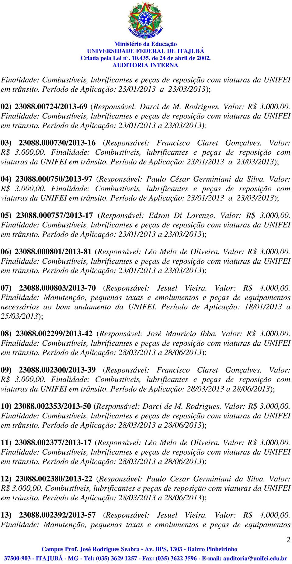 Período de Aplicação: 23/01/2013 a 23/03/2013); 04) 23088.000750/2013-97 (Responsável: Paulo César Germiniani da Silva. Valor: viaturas da UNIFEI em trânsito.