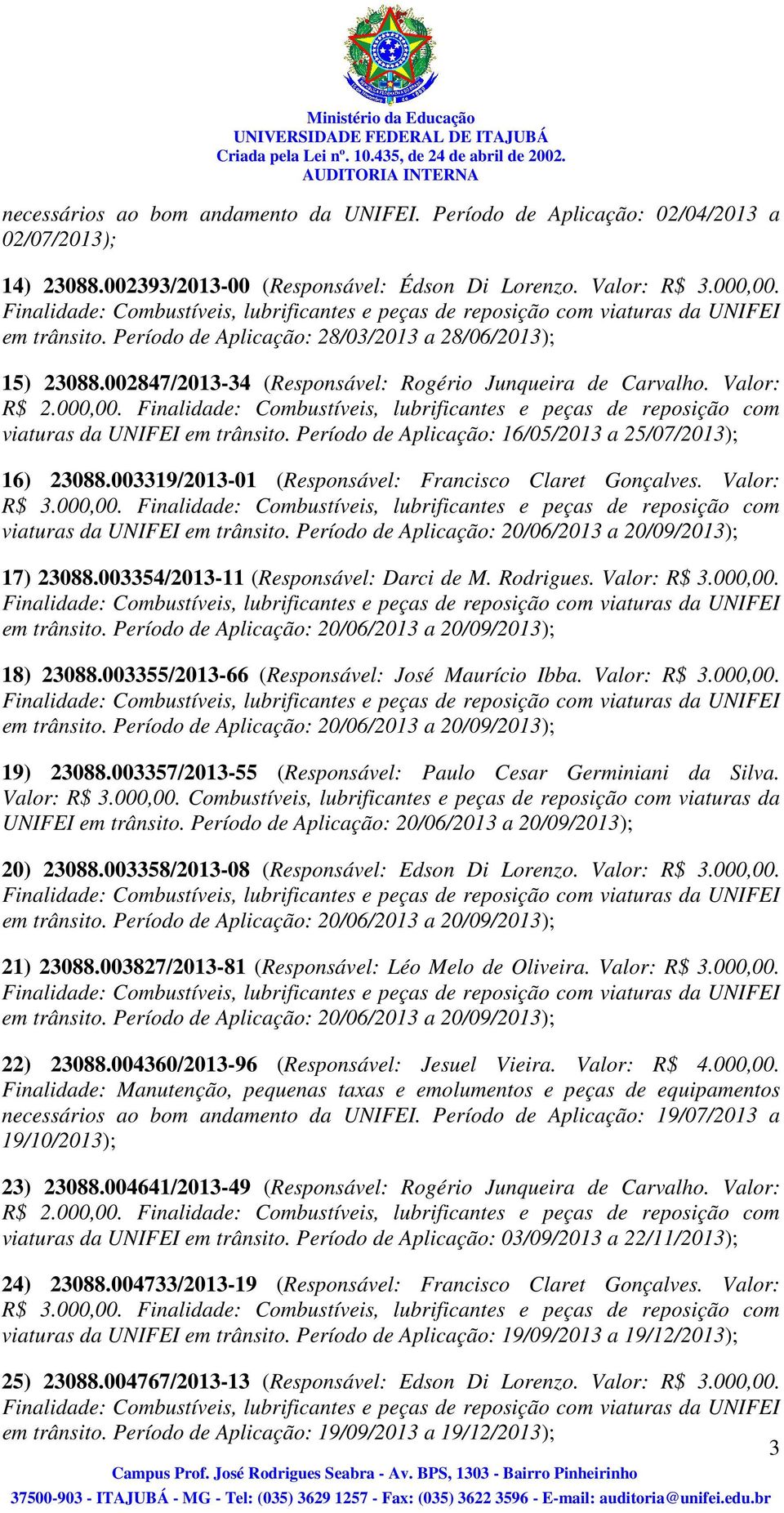 Período de Aplicação: 16/05/2013 a 25/07/2013); 16) 23088.003319/2013-01 (Responsável: Francisco Claret Gonçalves. Valor: viaturas da UNIFEI em trânsito.