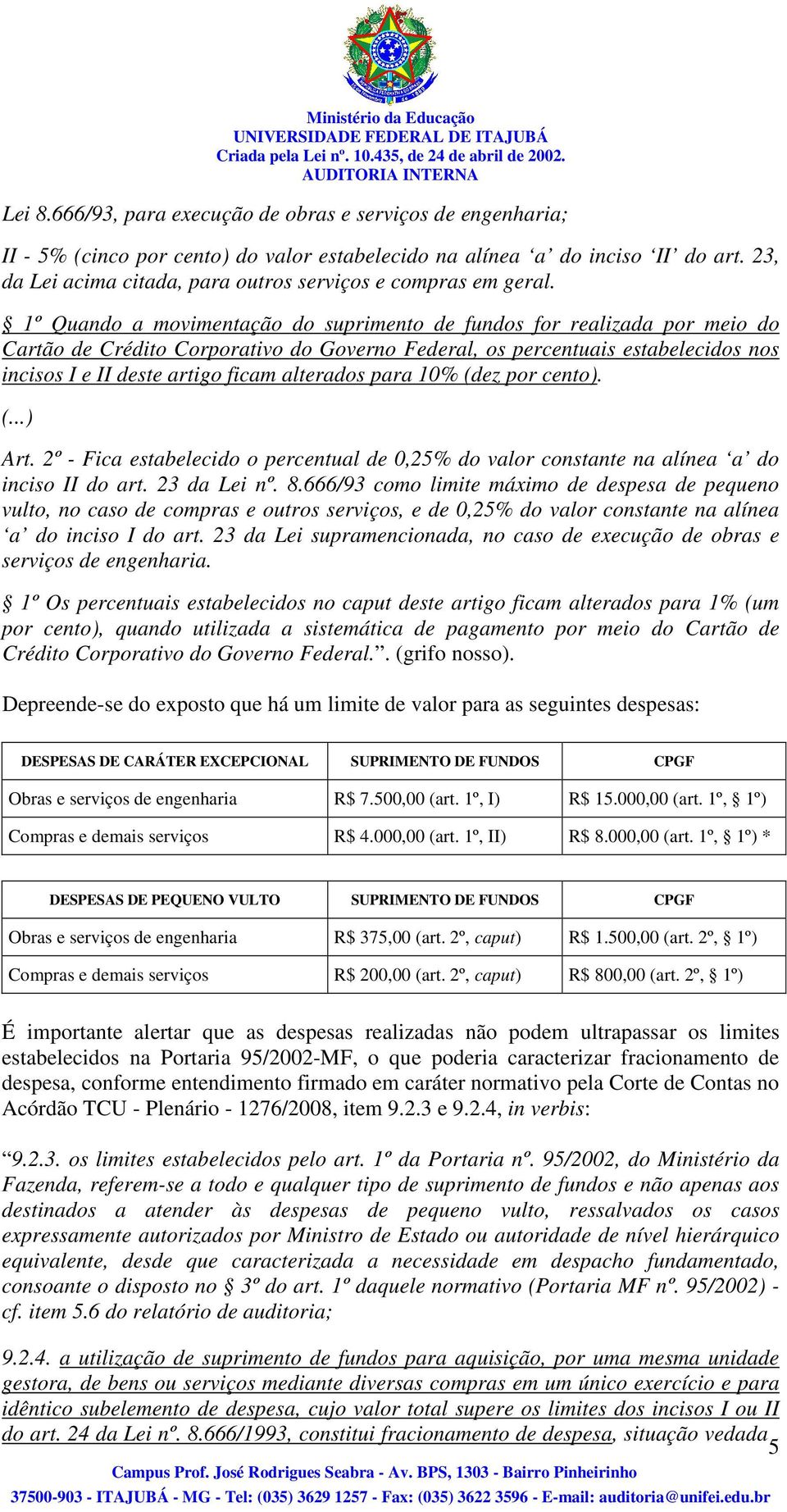 1º Quando a movimentação do suprimento de fundos for realizada por meio do Cartão de Crédito Corporativo do Governo Federal, os percentuais estabelecidos nos incisos I e II deste artigo ficam