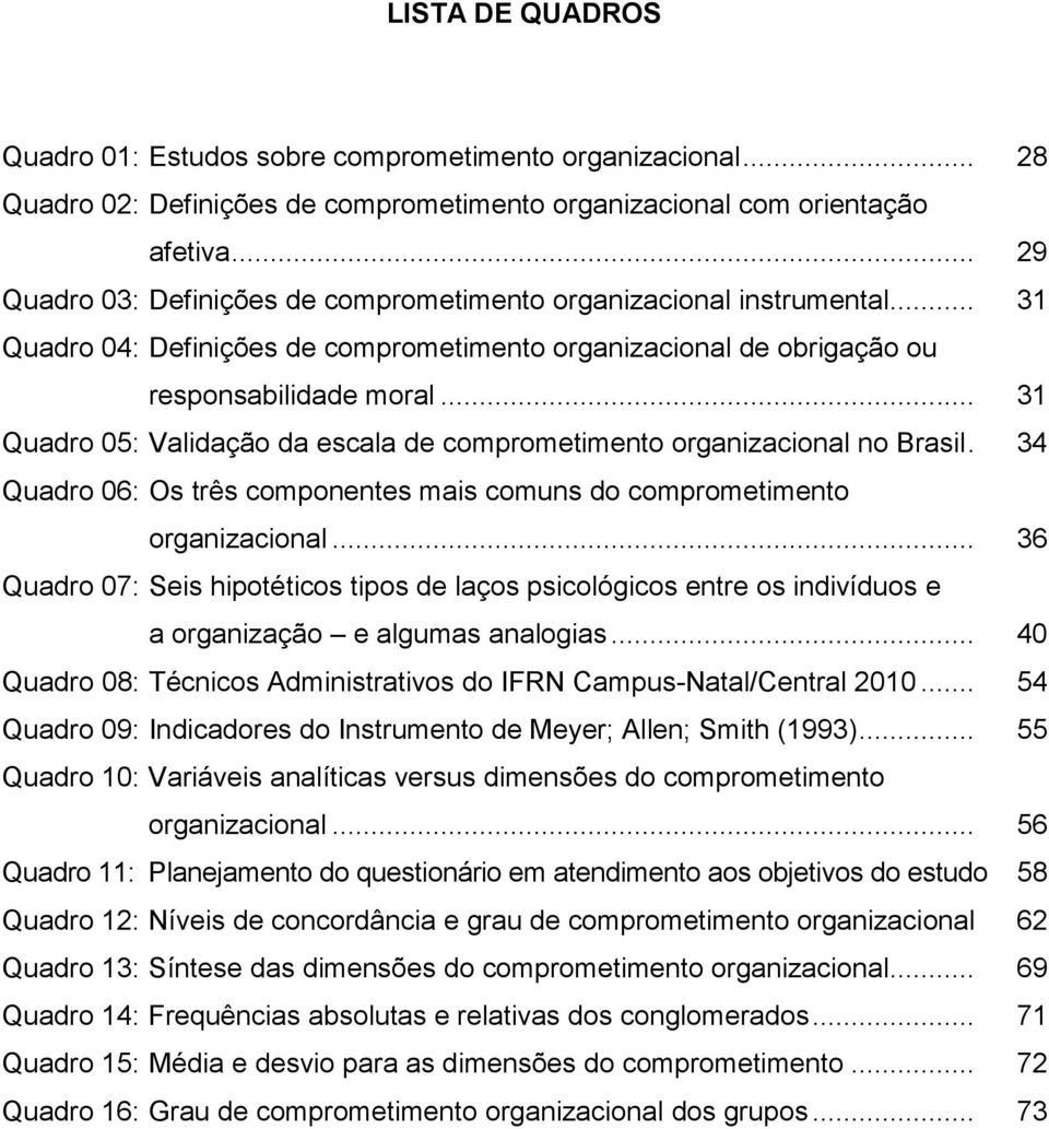 .. 31 Quadro 05: Validação da escala de comprometimento organizacional no Brasil. 34 Quadro 06: Os três componentes mais comuns do comprometimento organizacional.