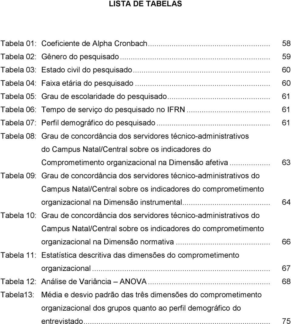 .. 61 Tabela 08: Grau de concordância dos servidores técnico-administrativos do Campus Natal/Central sobre os indicadores do Comprometimento organizacional na Dimensão afetiva.