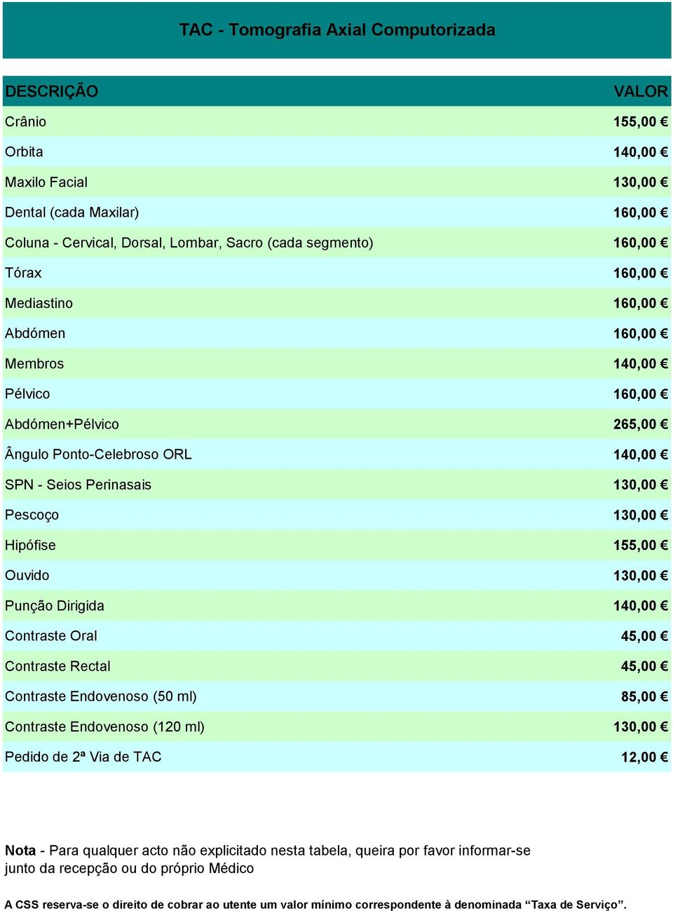 Perinasais 130,00 Pescoço 130,00 Hipófise 155,00 Ouvido 130,00 Punção Dirigida 140,00 Contraste Oral 45,00 Contraste Rectal 45,00 Contraste Endovenoso (50 ml) 85,00