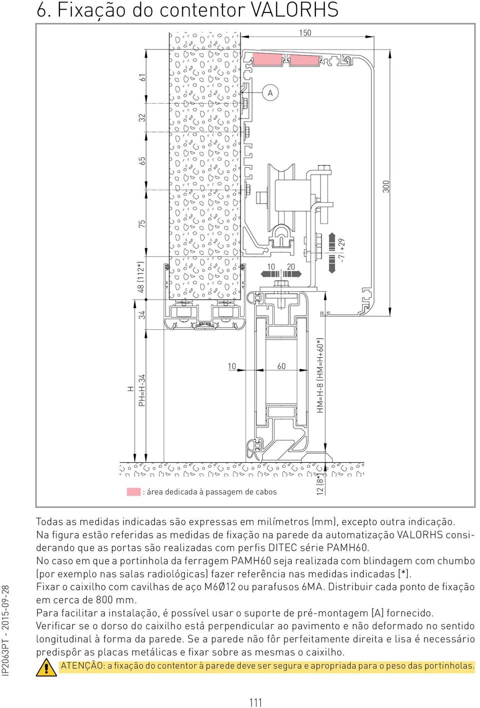No caso em que a portinhola da ferragem PMH60 seja realizada com blindagem com chumbo (por exemplo nas salas radiológicas) fazer referência nas medidas indicadas [*].