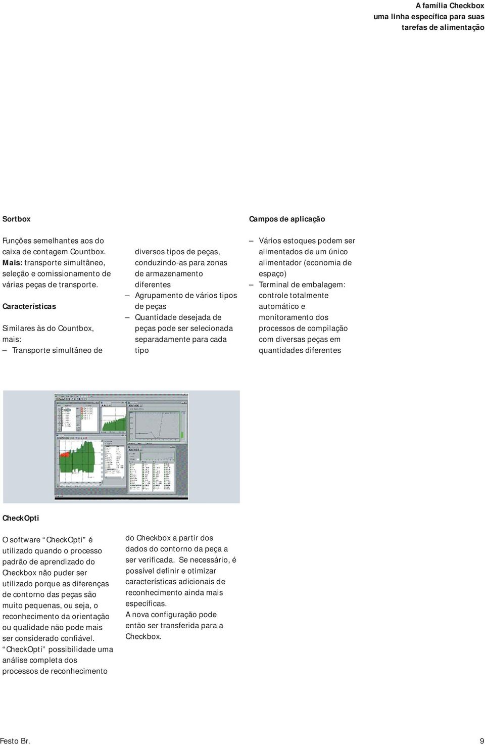 Características Similares às do Countbox, mais: Transporte simultâneo de diversos tipos de peças, conduzindo-as para zonas de armazenamento diferentes Agrupamento de vários tipos de peças Quantidade