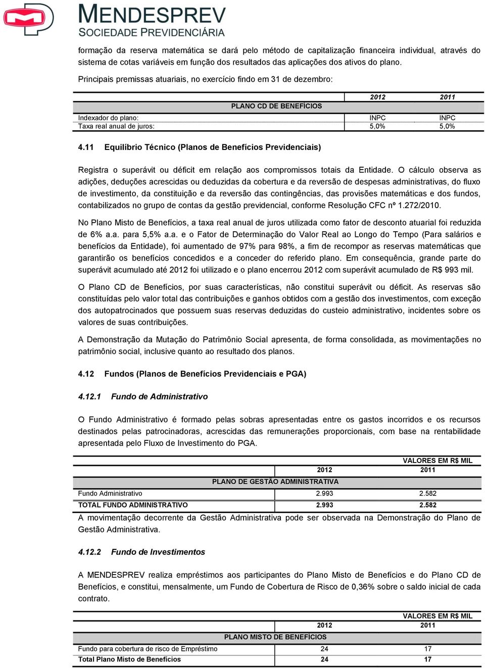 11 Equilíbrio Técnico (Planos de Benefícios Previdenciais) Registra o superávit ou déficit em relação aos compromissos totais da Entidade.