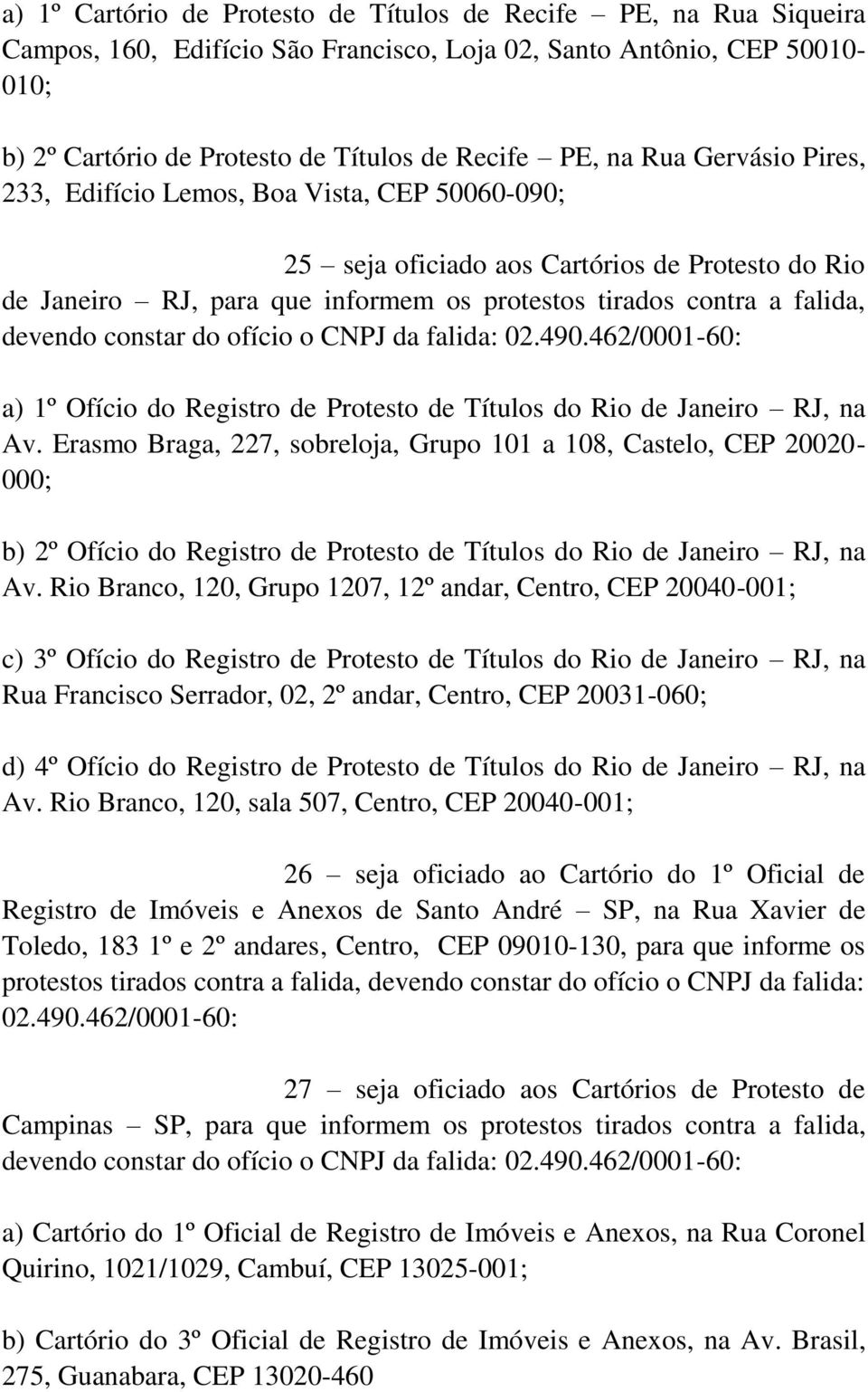 constar do ofício o CNPJ da falida: 02.490.462/0001-60: a) 1º Ofício do Registro de Protesto de Títulos do Rio de Janeiro RJ, na Av.