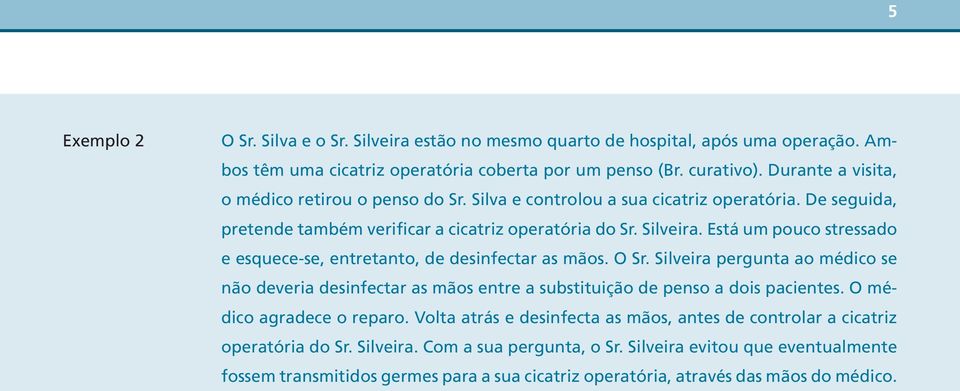 Está um pouco stressado e esquece-se, entretanto, de desinfectar as mãos. O Sr. Silveira pergunta ao médico se não deveria desinfectar as mãos entre a substituição de penso a dois pacientes.