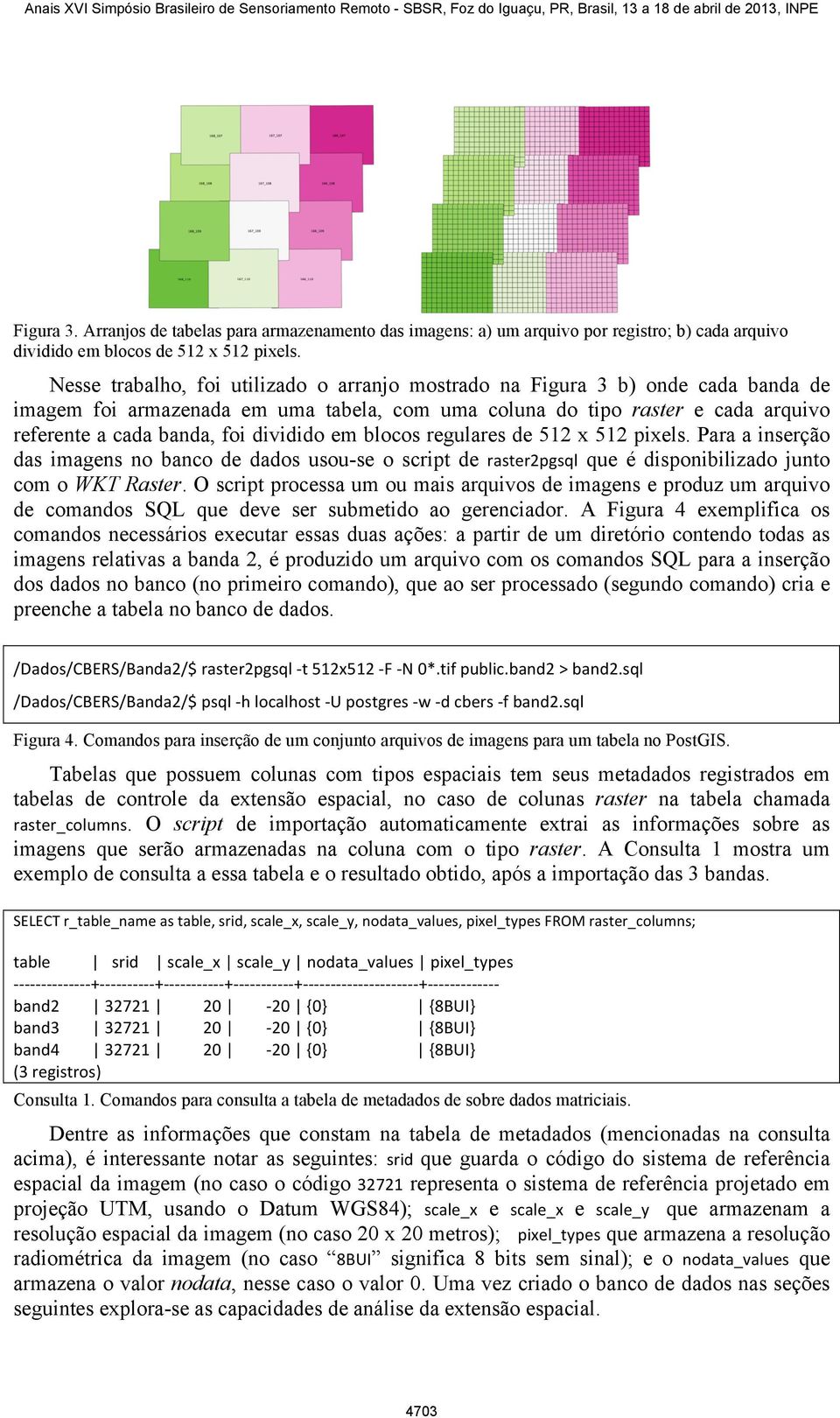 dividido em blocos regulares de 512 x 512 pixels. Para a inserção das imagens no banco de dados usou-se o script de raster2pgsql que é disponibilizado junto com o WKT Raster.