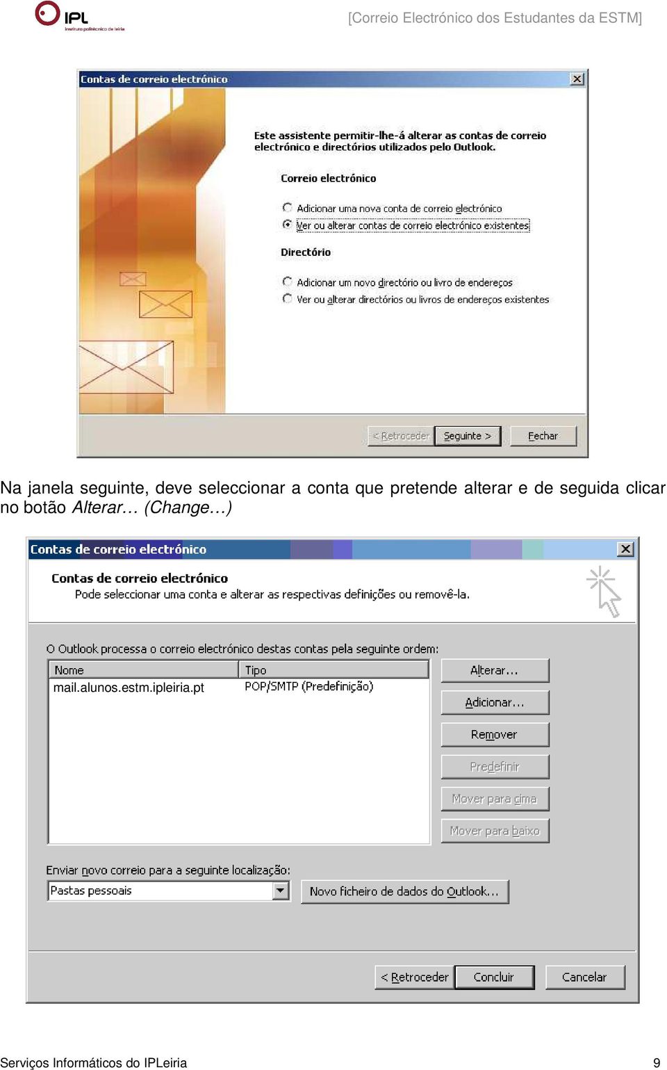botão Alterar (Change ) mail.alunos.estm.
