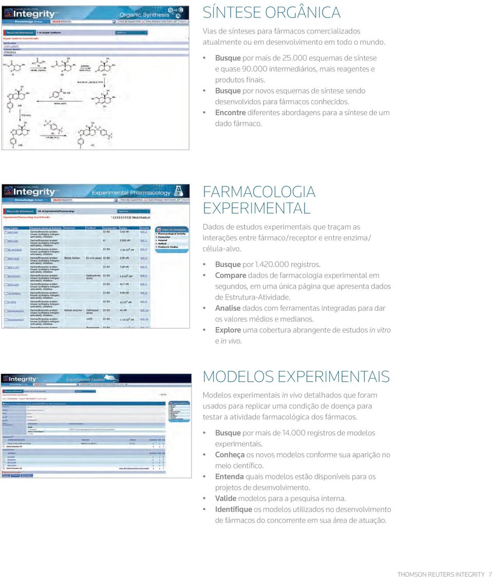 Encontre diferentes abordagens para a síntese de um dado fármaco. FARMACOLOGIA EXPERIMENTAL Dados de estudos experimentais que traçam as interações entre fármaco/receptor e entre enzima/ célula-alvo.