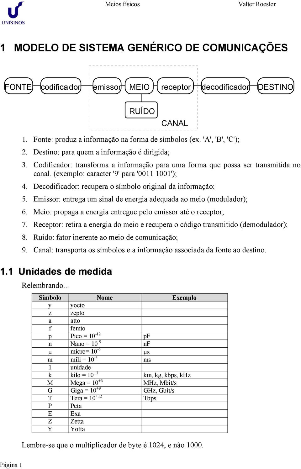 Decodificador: recupera o símbolo original da informação; 5. Emissor: entrega um sinal de energia adequada ao meio (modulador); 6. Meio: propaga a energia entregue pelo emissor até o receptor; 7.