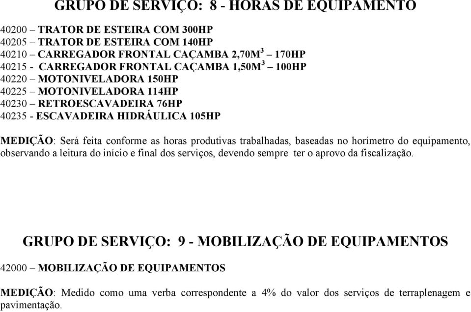 as horas produtivas trabalhadas, baseadas no horímetro do equipamento, observando a leitura do início e final dos serviços, devendo sempre ter o aprovo da fiscalização.