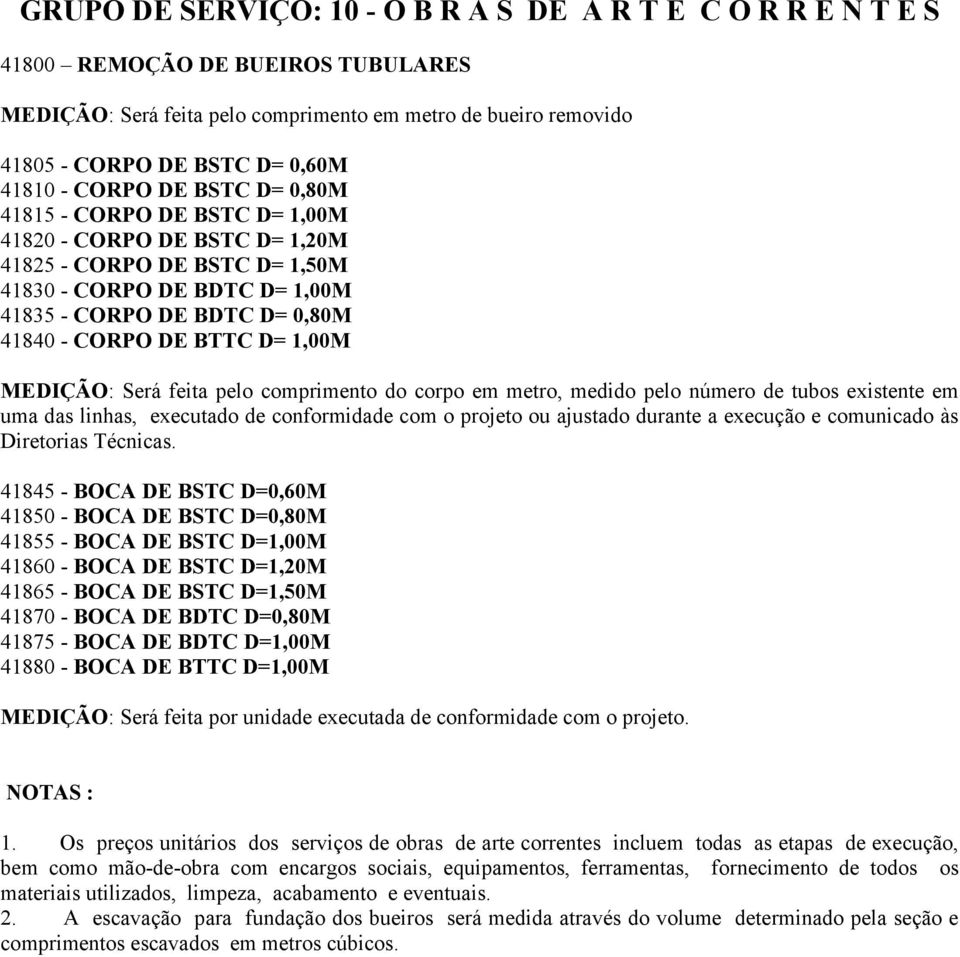 BTTC D= 1,00M MEDIÇÃO: Será feita pelo comprimento do corpo em metro, medido pelo número de tubos existente em uma das linhas, executado de conformidade com o projeto ou ajustado durante a execução e