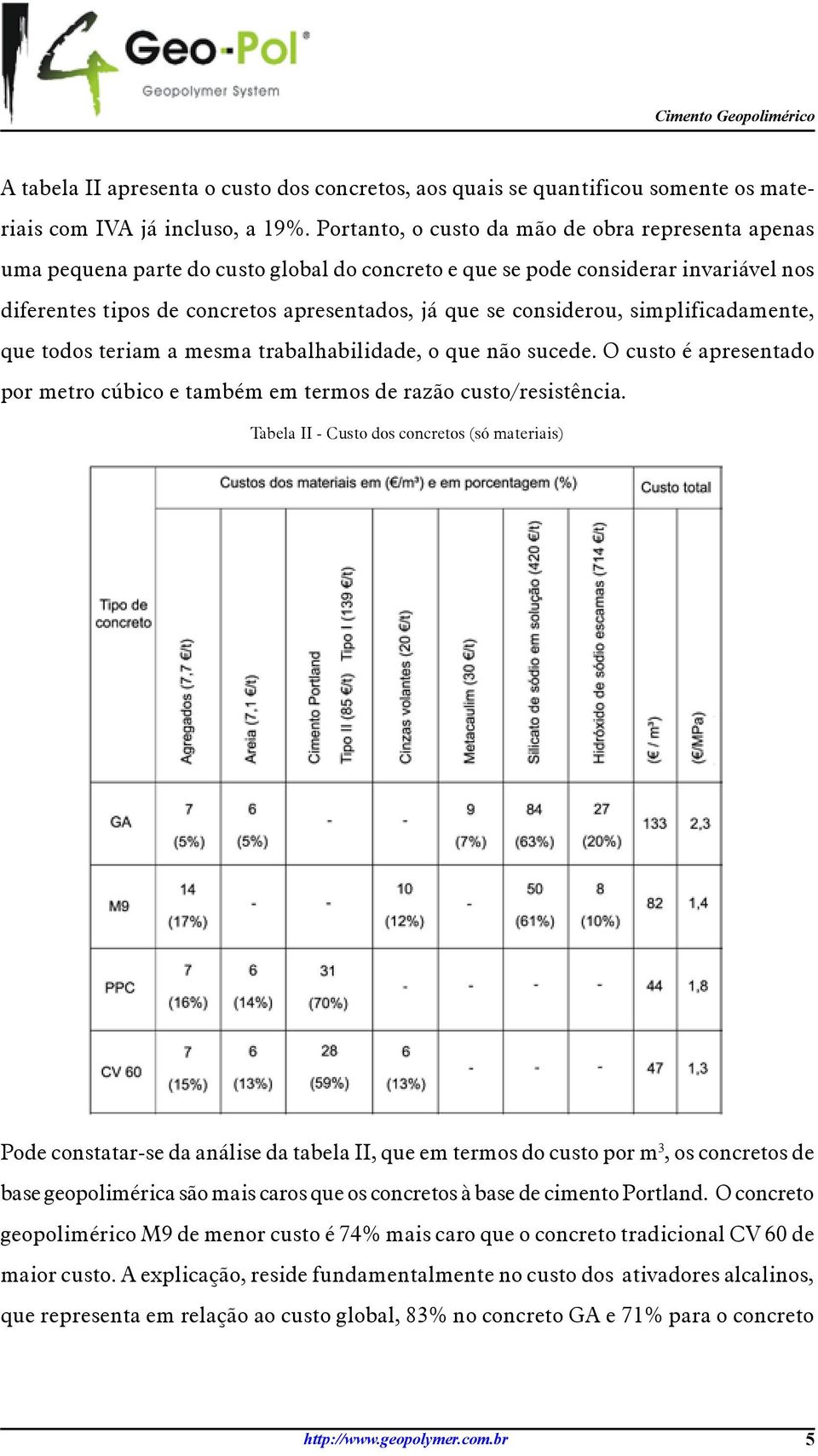 considerou, simplificadamente, que todos teriam a mesma trabalhabilidade, o que não sucede. O custo é apresentado por metro cúbico e também em termos de razão custo/resistência.