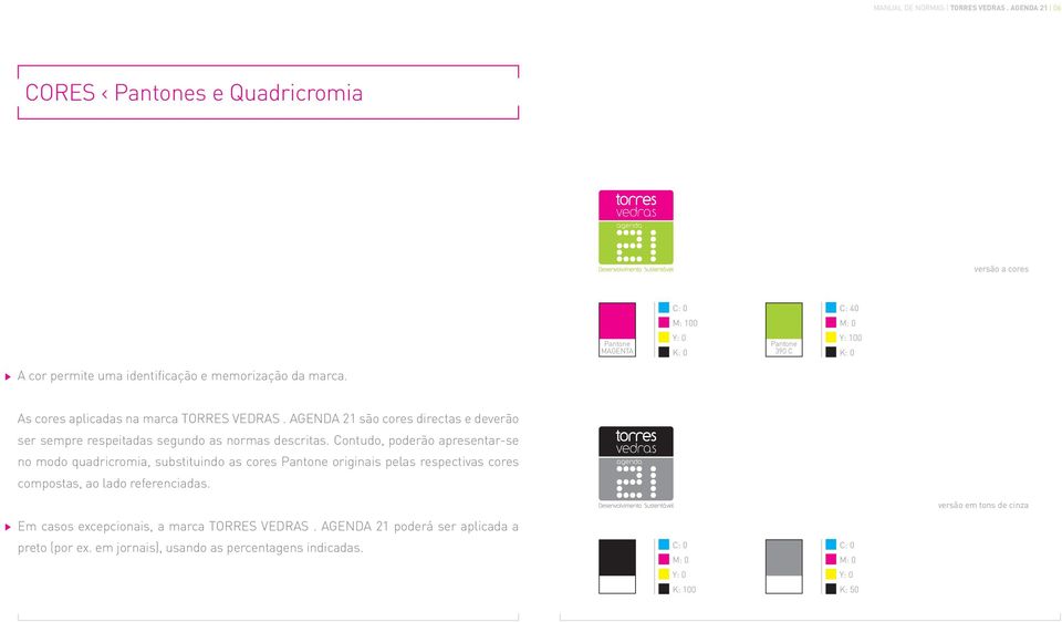 memorização da marca. As cores aplicadas na marca TORRES VEDRAS. AGENDA 21 são cores directas e deverão ser sempre respeitadas segundo as normas descritas.