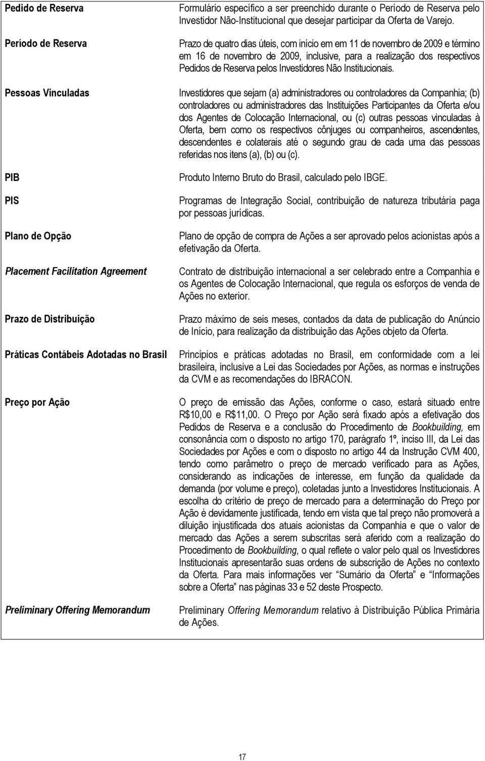 Prazo de quatro dias úteis, com início em em 11 de novembro de 2009 e término em 16 de novembro de 2009, inclusive, para a realização dos respectivos Pedidos de Reserva pelos Investidores Não